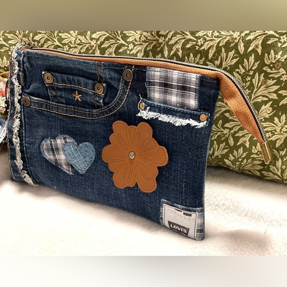 Bohemian Unique One-of-a-Kind Denim Patchwork Clutch with removable Wrist Handle - Picture 6 of 16